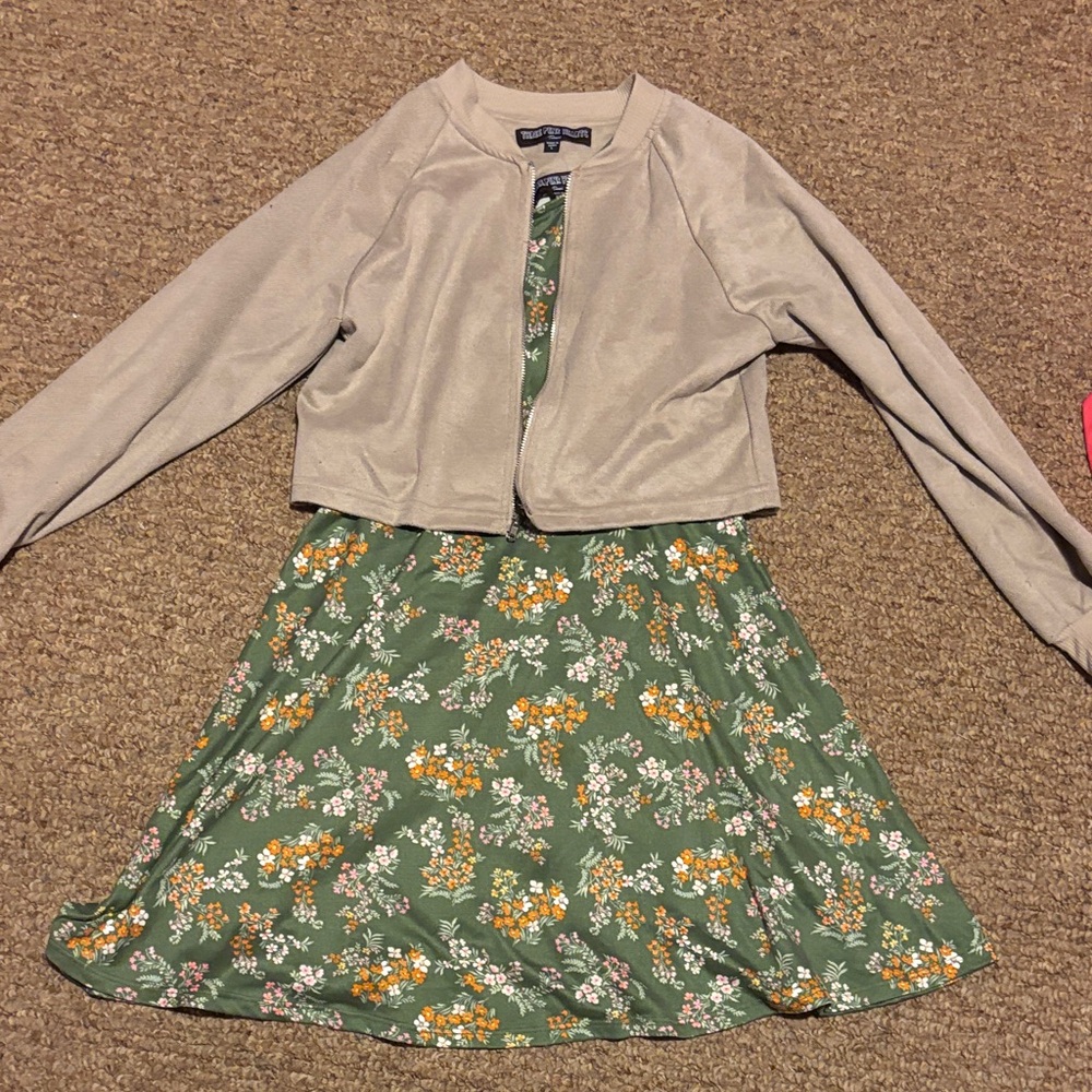 Three Hearts Green Floral Kids Matching Set with Tan Jacket